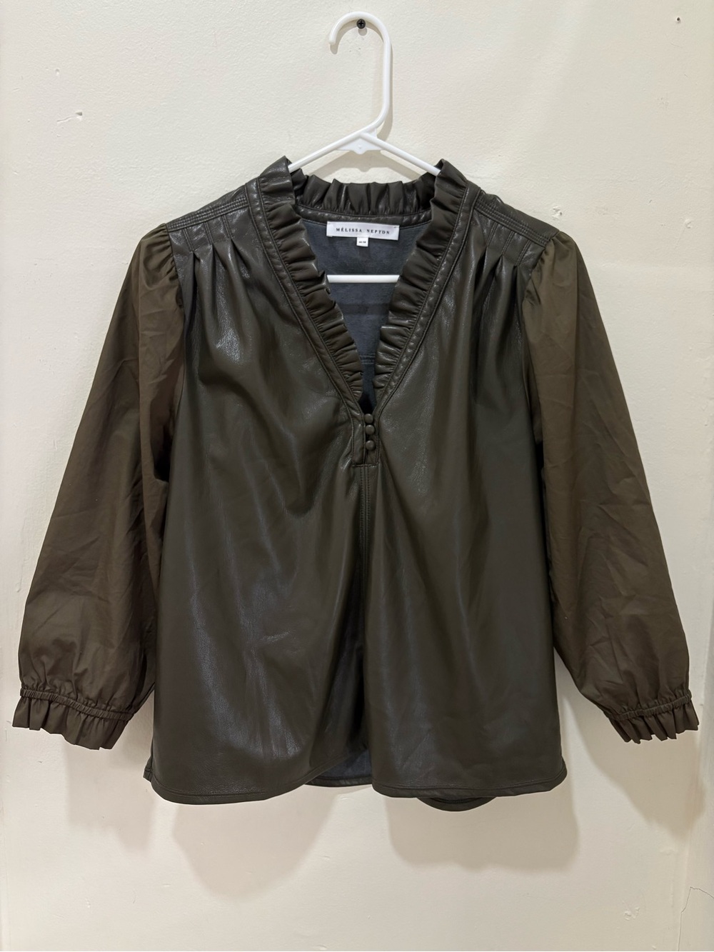 MELISSA NEPTON dark olive ruffle V-neck blouse